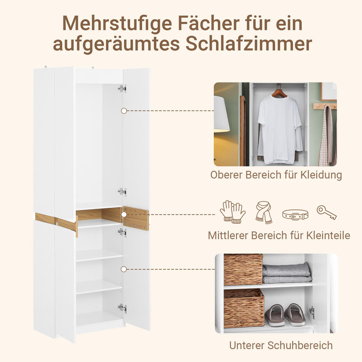 KLEIDERSCHRANK schmal, 61 x 192 x 30 cm, weiß, mit Kleiderstange und Fächern, 30 cm tief für Schlafzimmer und Flur - Weiß, Holzwerkstoff (61/192/30cm) - SoBuy