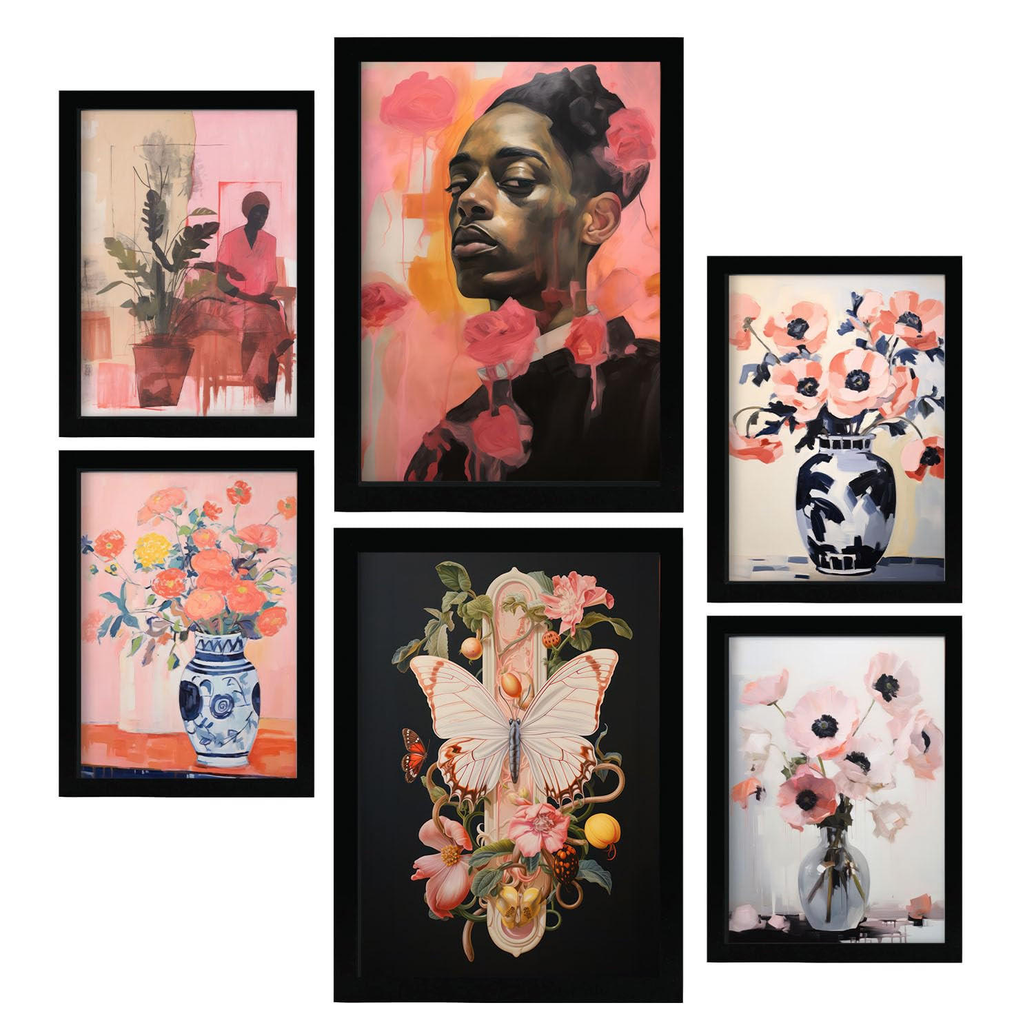 POSTER Set Mit 6 Blüte Schönheit In Vielseitiger A3 & A4 Schwarzer Rahmen - Schwarz, Papier (29/3cm) - Nacnic