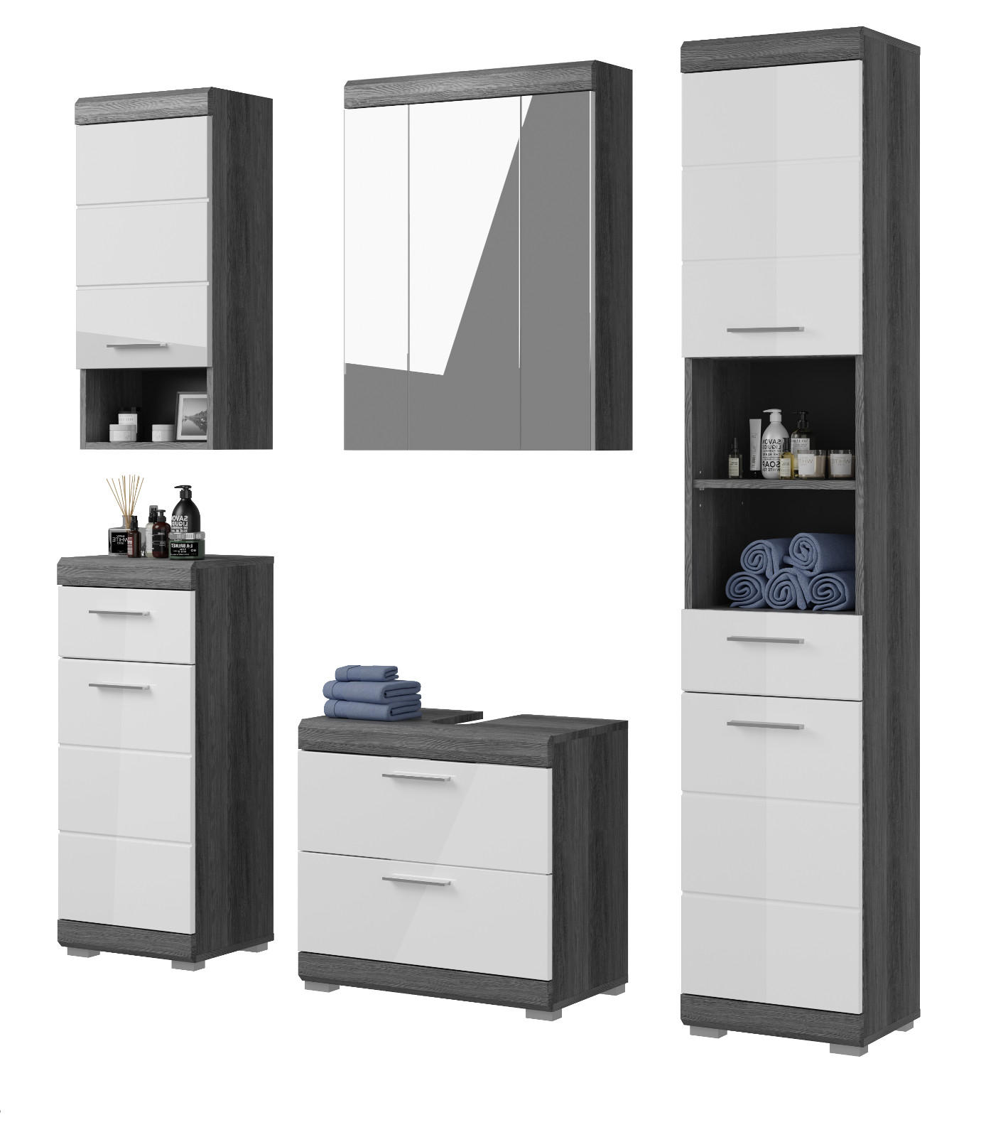 BADMÖBEL-SET weiß Hochglanz, grau 5-teilig 164 cm, Komplettset mit 20 Fächern - Weiß Hochglanz/Grau, Holzwerkstoff (164/191/34cm) - Inn.Furn