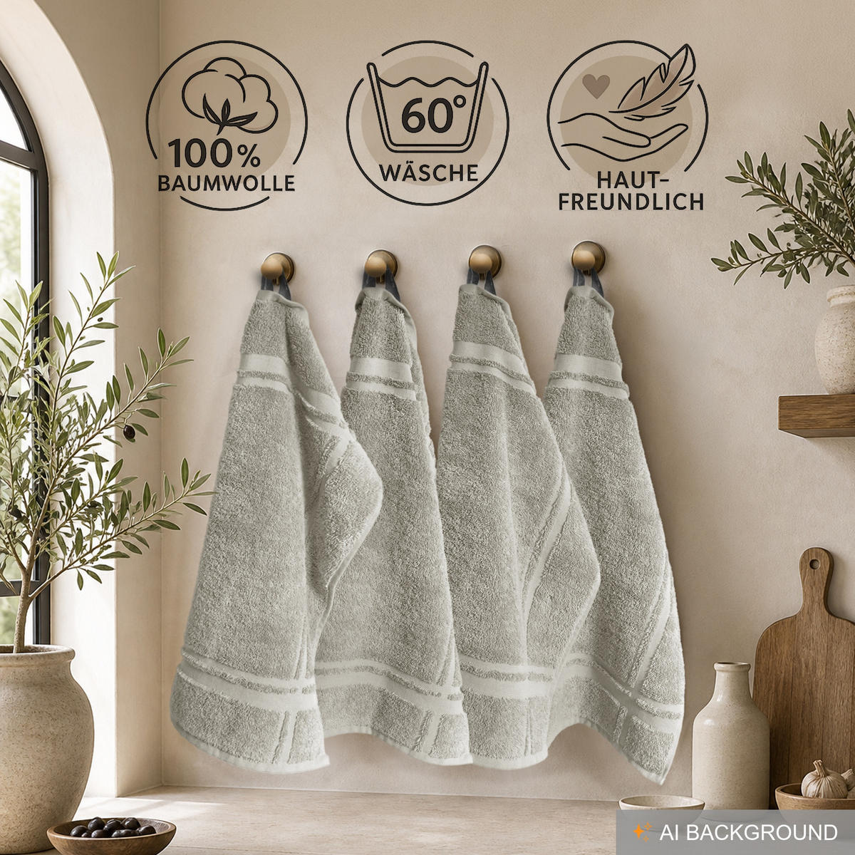 FROTTEE Küchenhandtücher 50x50 cm, 4er Set, Kiesel Grau - Sandfarben, Textil (50/50cm) - Lashuma