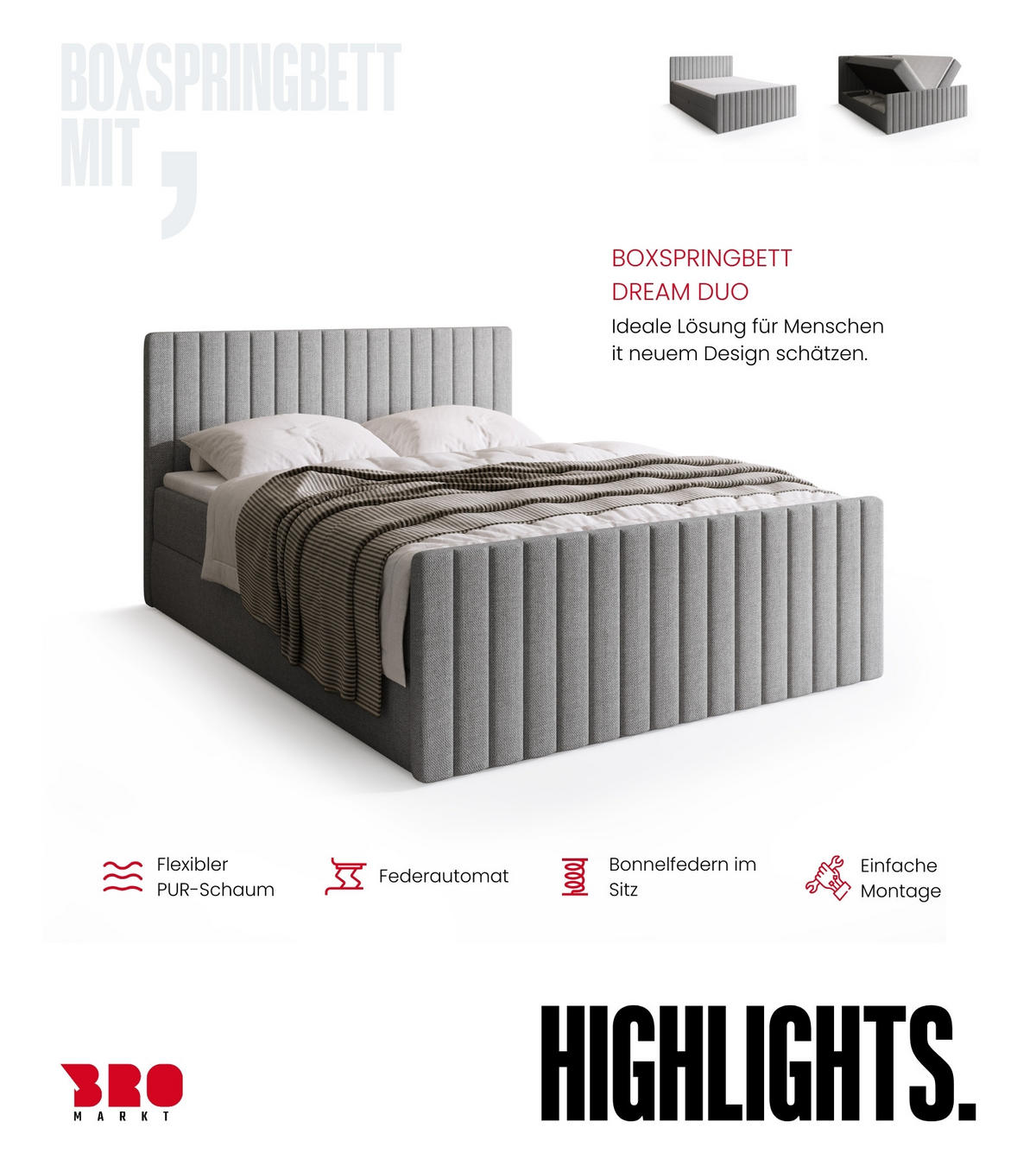 BOXSPRINGBETT Dream Duo mit Topper 140/200 Grau - Grau, Kunststoff (140/200cm) - Bromarkt