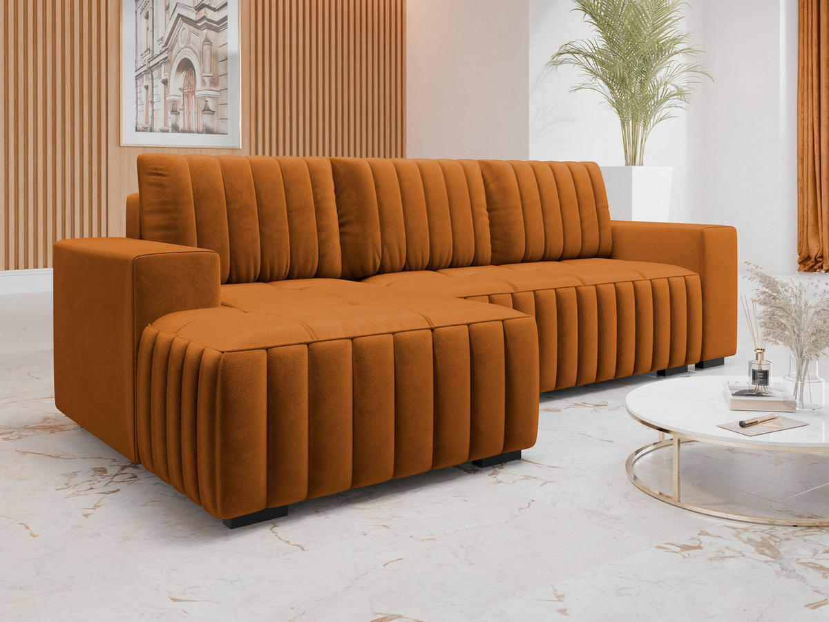 ECKSOFA Hugo, Seite: Links - Dunkelbraun/Orange, Holz/Textil (240/140cm)