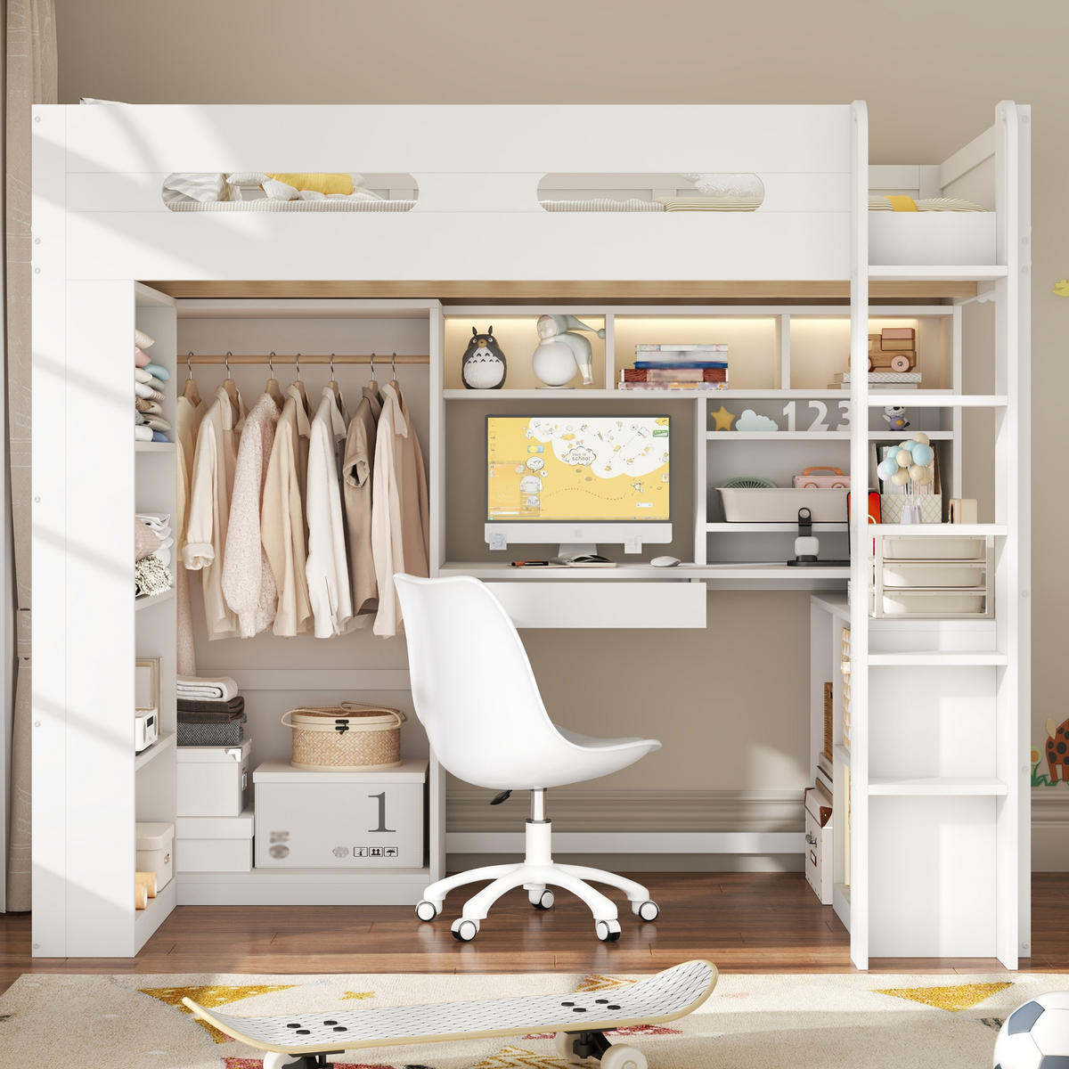 HOCHBETT 90/200 cm in Weiß mit Schublade, Regalböden, Kleiderschrank, Schreibtisch, LED und USB aus Kiefernholz und MDF - Weiß, Holzwerkstoff (90/200cm) - STILVORA