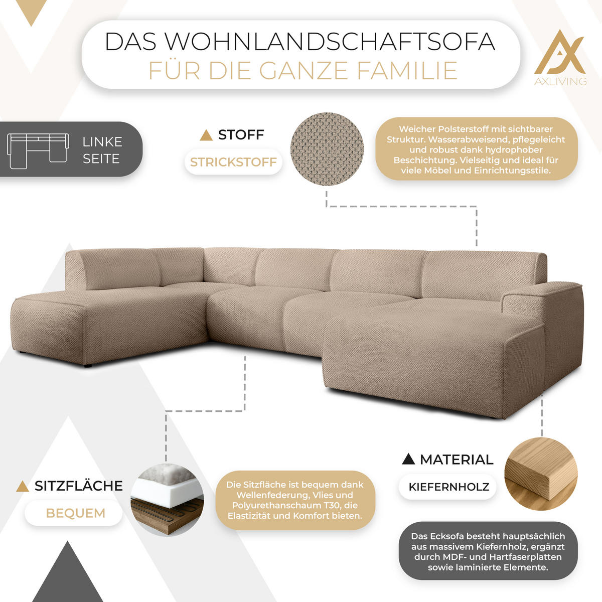 WOHNLANDSCHAFT Didim Beige 378/220/78 cm – großes Sofa stilvoll & bequem L - Beige/Schwarz, Kunststoff/Textil (220/78/378cm) - AX Living