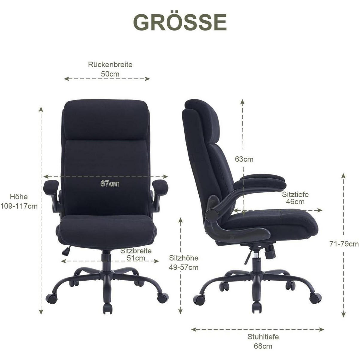 BÜROSTUHL Stoff Schwarz mit hoher Rückenlehne und hochklappbaren Armlehnen - Schwarz, Textil (68/113/70cm)