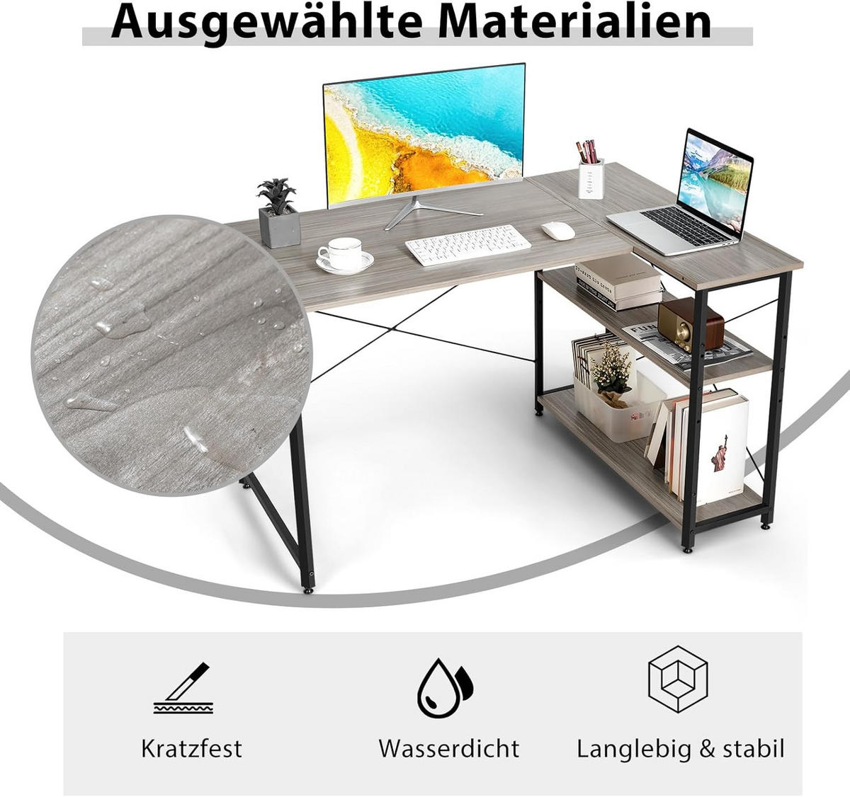 ECKSCHREIBTISCH 75cm Grau - Grün, Holz (120/88/75cm) - COSTWAY