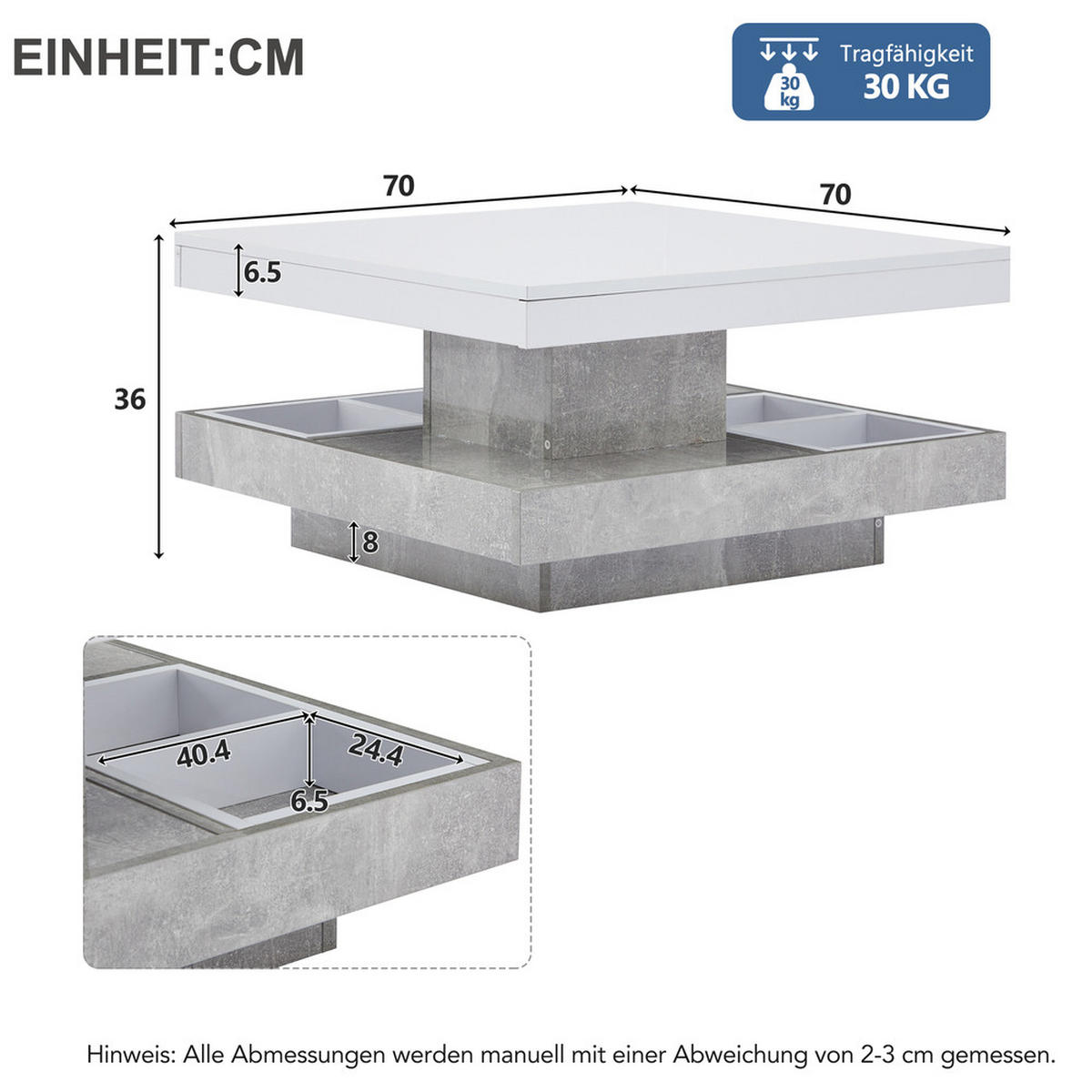 COUCHTISCH Doppel 360° Drehbar Weiß Marmoroptik Hochglanz Ablagefach - Weiß, Holz (82.55/80.65/15.24cm) - FLIEKS