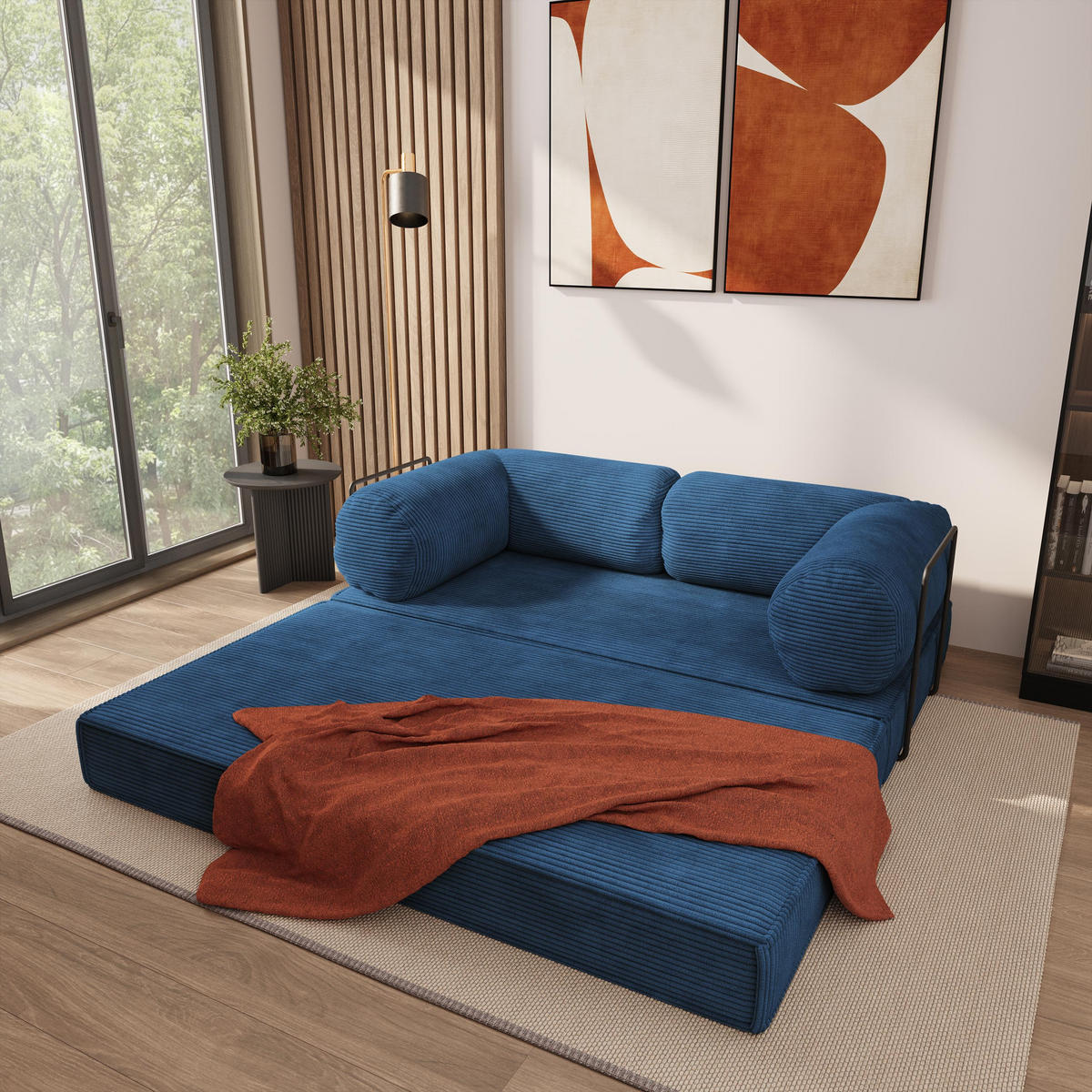 POHOVKA z pěny ALVIO s kovovým rámem Manšestrová látka Modrá - modrá, textil (170/68/80cm) - MASSENO