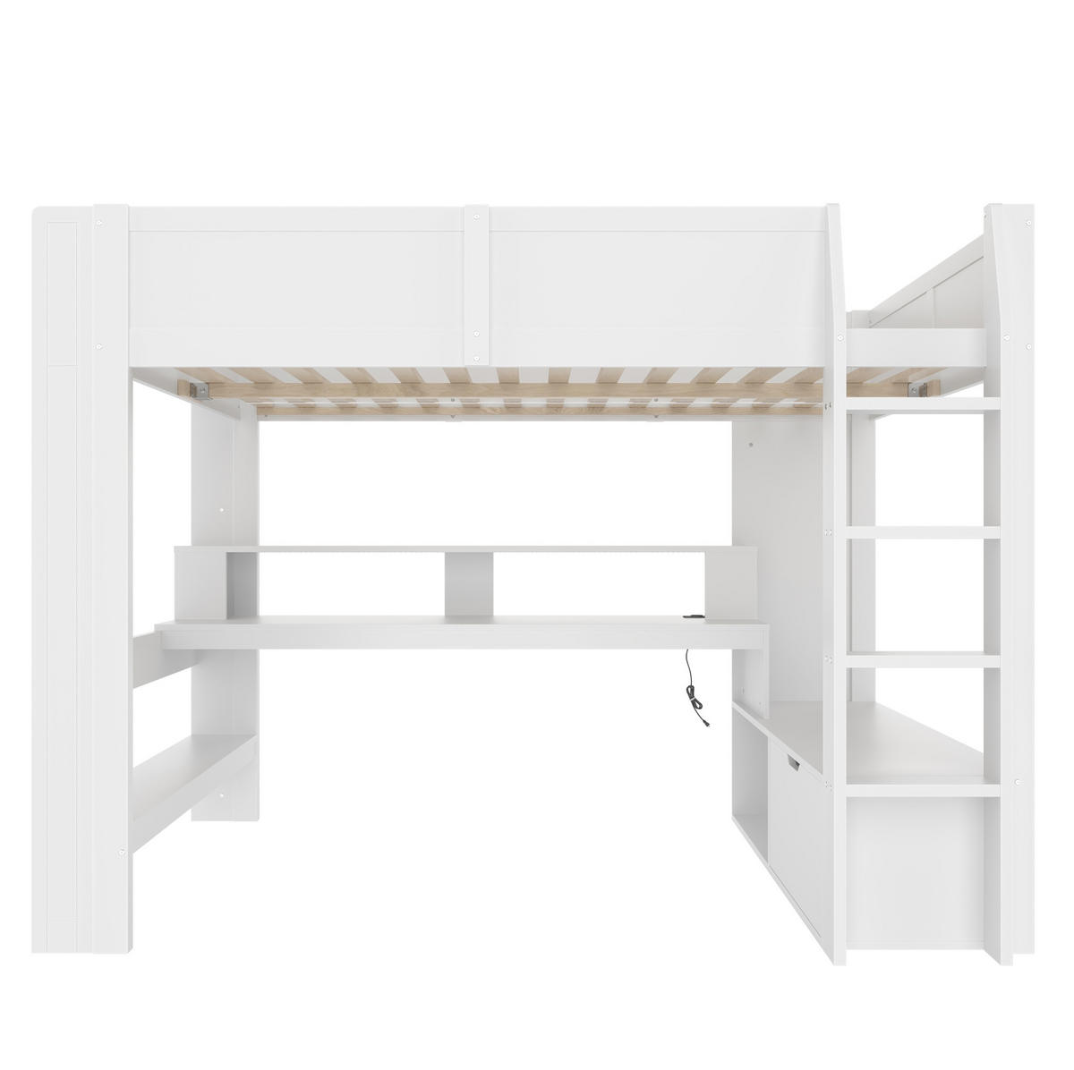 HOCHBETT aus Kiefernholz 140x200 cm Weiß mit Schreibtisch, Schublade, Regalen und LED-Beleuchtung - Weiß, Holz (140/200cm) - IVMEU