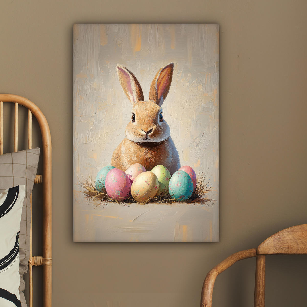 LEINWANDBILD Osterhase - Pastell - Eier Wanddeko Schlafzimmer 60x90 cm - Beige, Textil (60/90cm) - MuchoWow