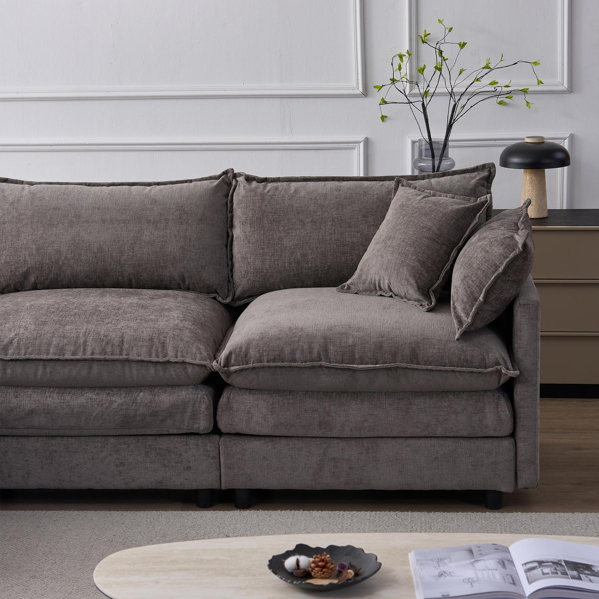 ECKSOFA Chenille Grau mit Hocker und Kissen - Grau, Holzwerkstoff/Kunststoff (267/154cm) - WISHDOR