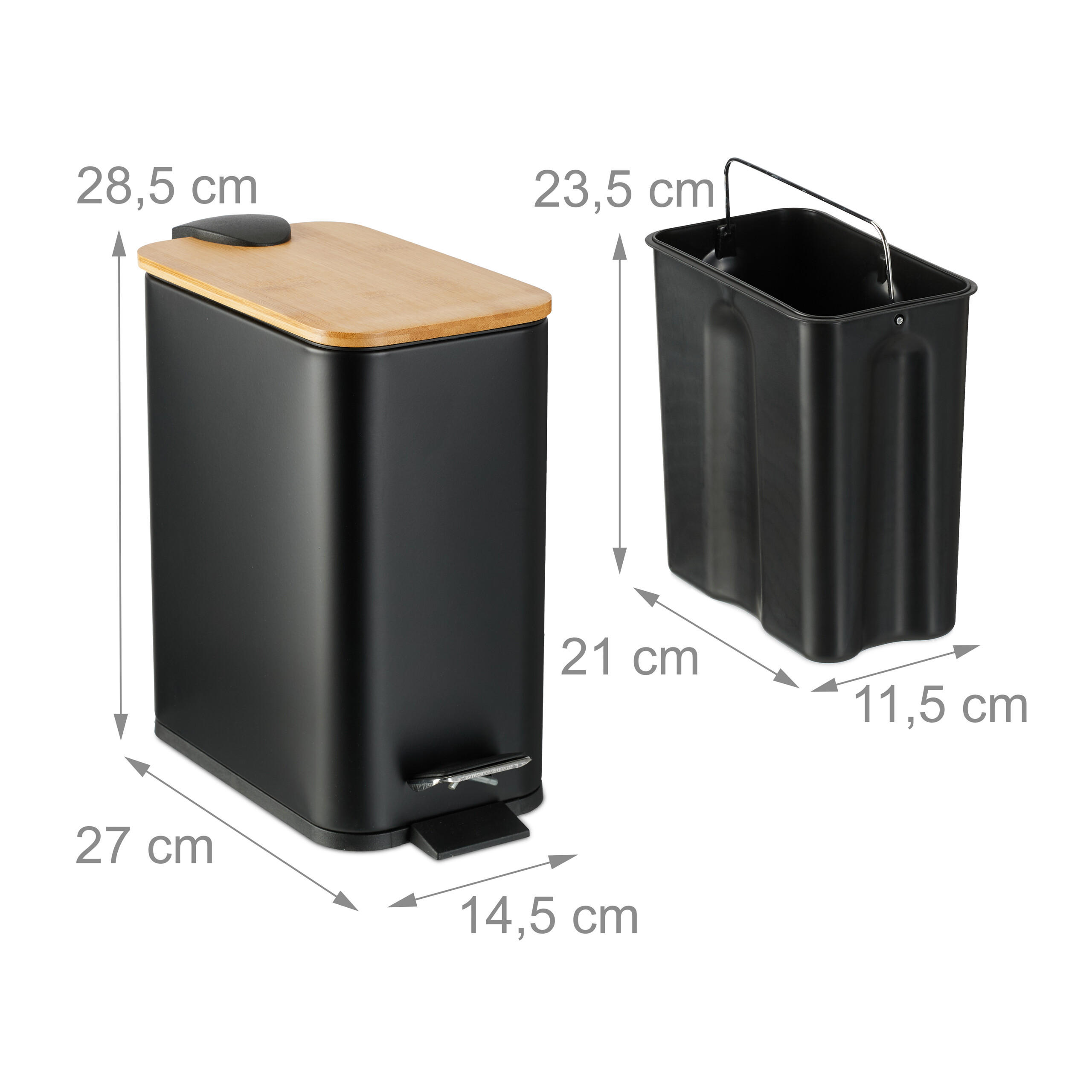 Thumbnail - Relaxdays Mülleimer, Schwarz, Metall, Holz, Kunststoff, Rechteckig, 14.5x28.5x27 cm, Küchen, Küchenausstattung, Mülleime...