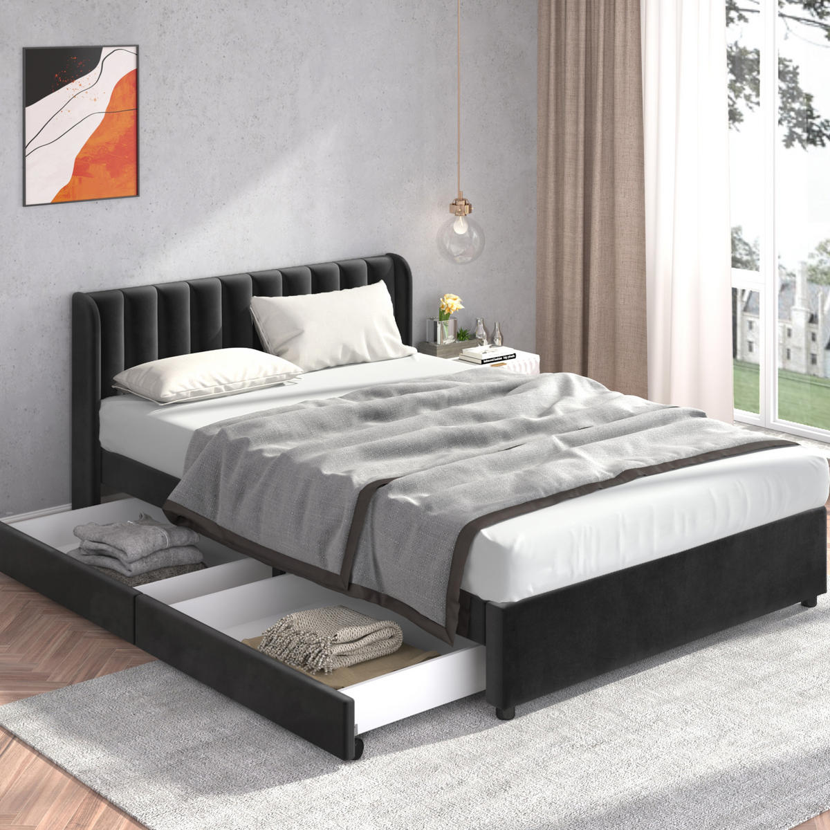 SAMT-POLSTERBETT 140/200 cm in Schwarz mit Lattenrost und 2 Schubladen - Schwarz, Textil (140/200cm) - BEAOK