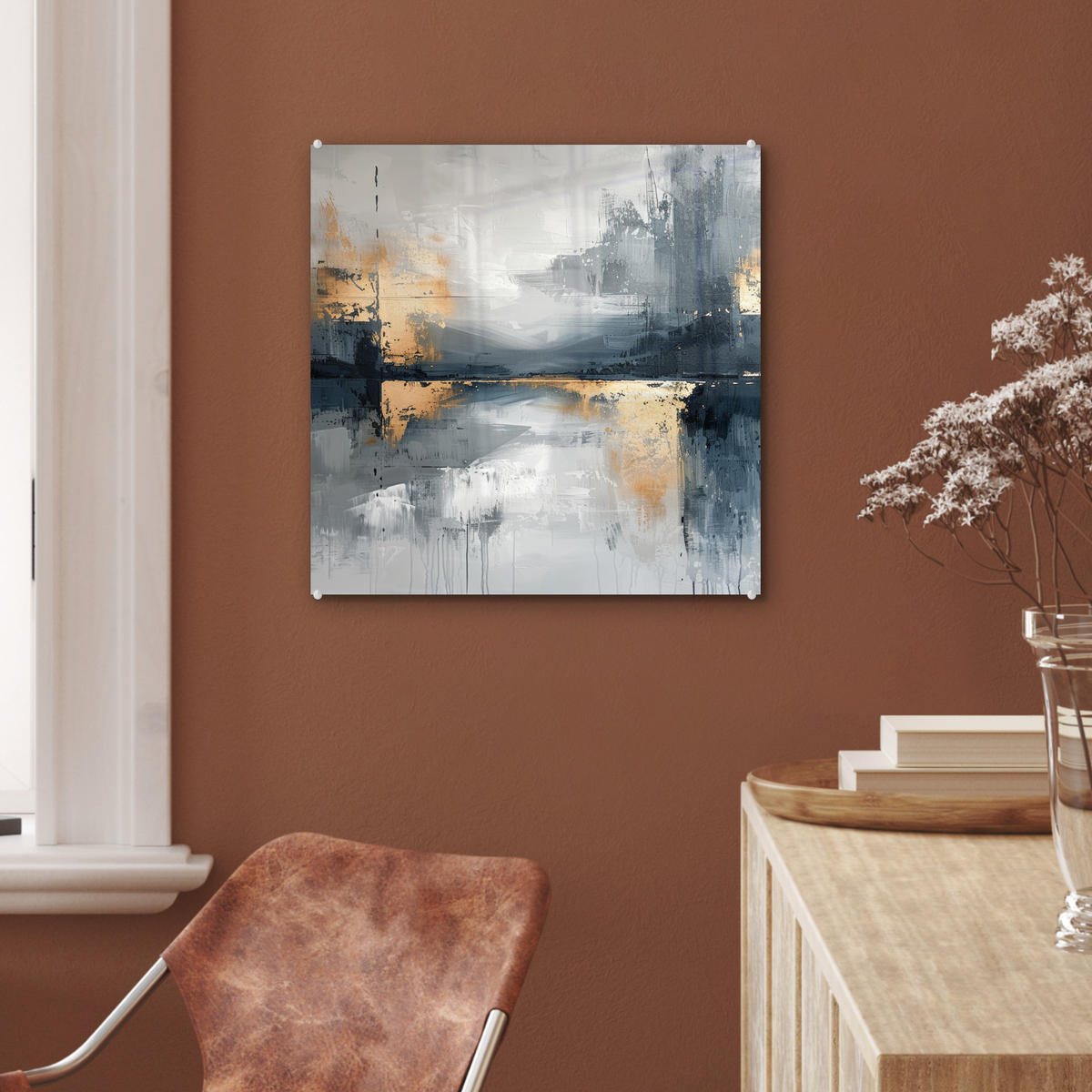 OBRAZ NA AKRYLOVOM SKLE Umenie - sivé - zlaté - abstraktné 50x50 cm - tmavosivá, sklo (50/50cm) - MuchoWow