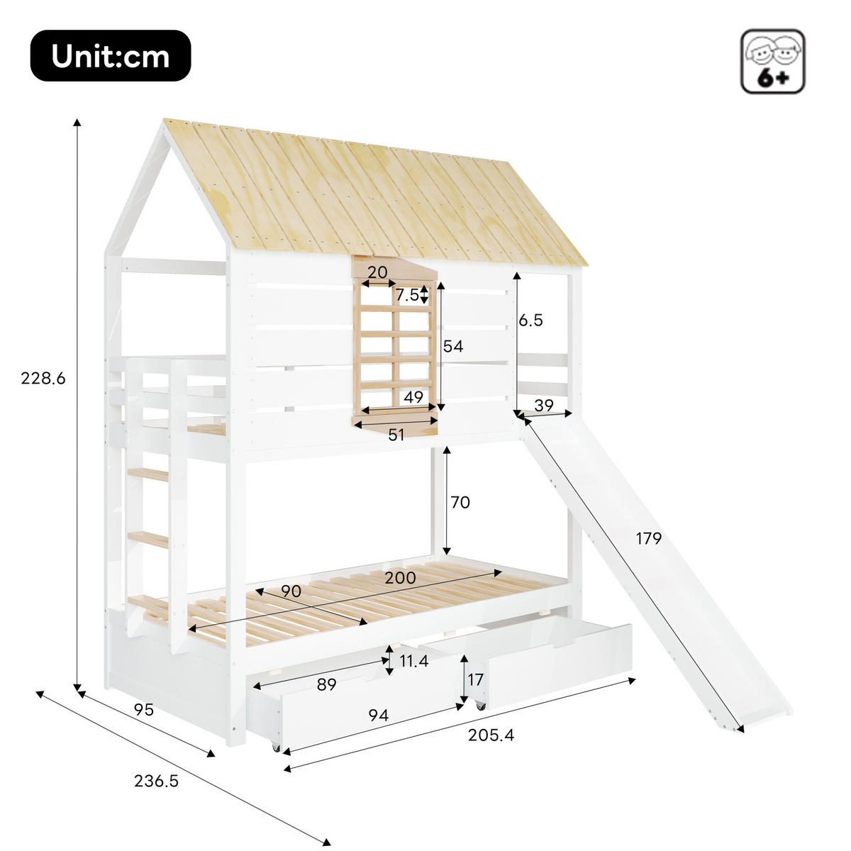 ETAGENBETT in Hausform mit Rutsche und 2 Schubladen 90x200 cm Weiß/Natur - Weiß, Holzwerkstoff (90/200cm) - Beauniv