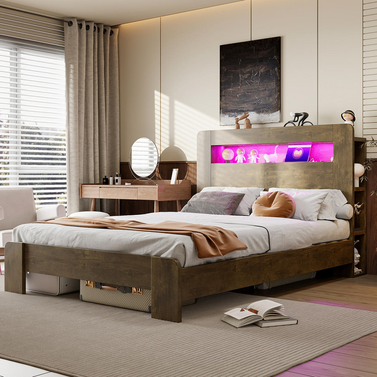 BETT 140/200 cm in Holz mit Stauraum, LED und Steckdosen - Nussbaumfarben, Holz/Holzwerkstoff (140/200cm) - WISHDOR