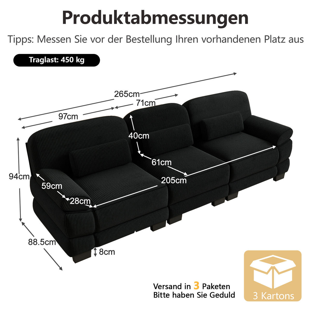 3-SITZER-SOFA mit Lendenkissen, Cordbezug, DE-42659, Schwarz - Schwarz, Holz (265/94/88.5cm) - ComfortXL