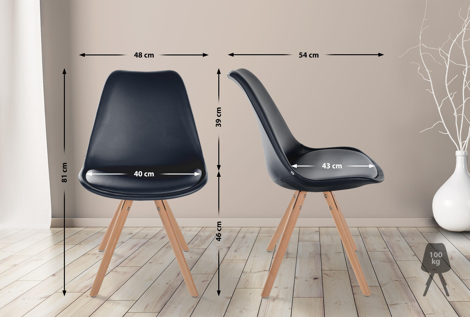 STUHL 4er Set Lederlook schwarz - Eukalyptusholzfarben/Schwarz, Holz/Textil (48/81/54cm) - CLP