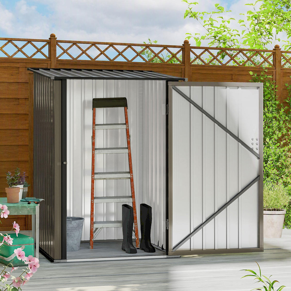 OCELOVÁ kůlna, 0,92 m² kůlna s pultovou střechou na balkon, hnědá - hnědá, kov (103/160/100cm) - Outsunny