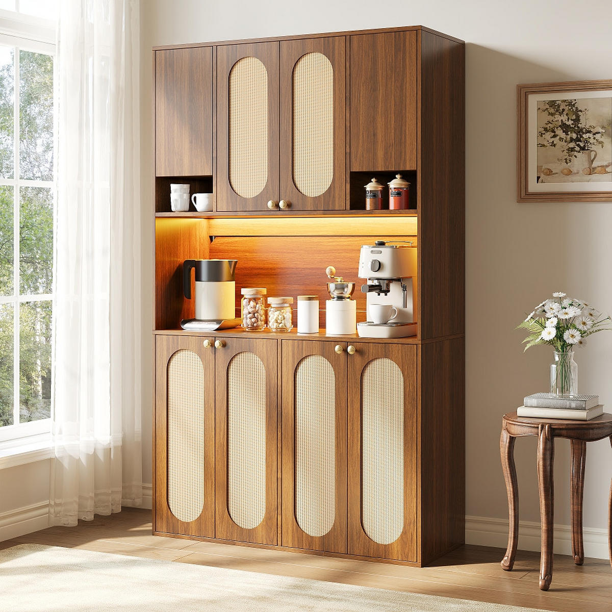 KÜCHENSCHRANK-SCHRANK Hausbar-Schrank, MIT LED-BELEUCHTUNG, 8 Türen, PE-Rattan, MDF Natur, Esszimmer Wohnzimmer, 106/40/178 cm - Naturfarben, Kunststoff (40/178/106cm) - Rolipo