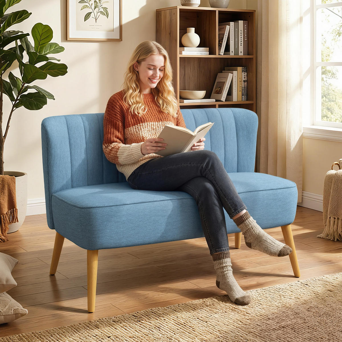 SOFA 2-Sitzer 117/57/77 cm Blau - Blau/Naturfarben, Holz/Textil (56.5/77/117cm) - HOMCOM