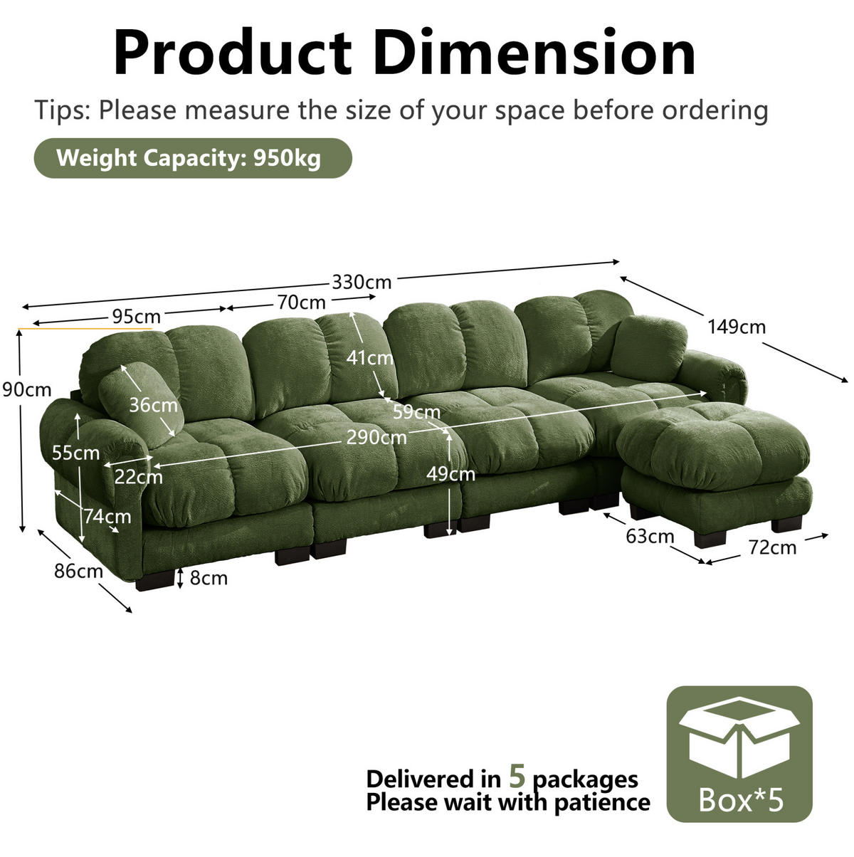 SOFA modulares Ecksofa mit Ottomane Grün Chenille - Grün, Holz (149/330cm) - Meubliv