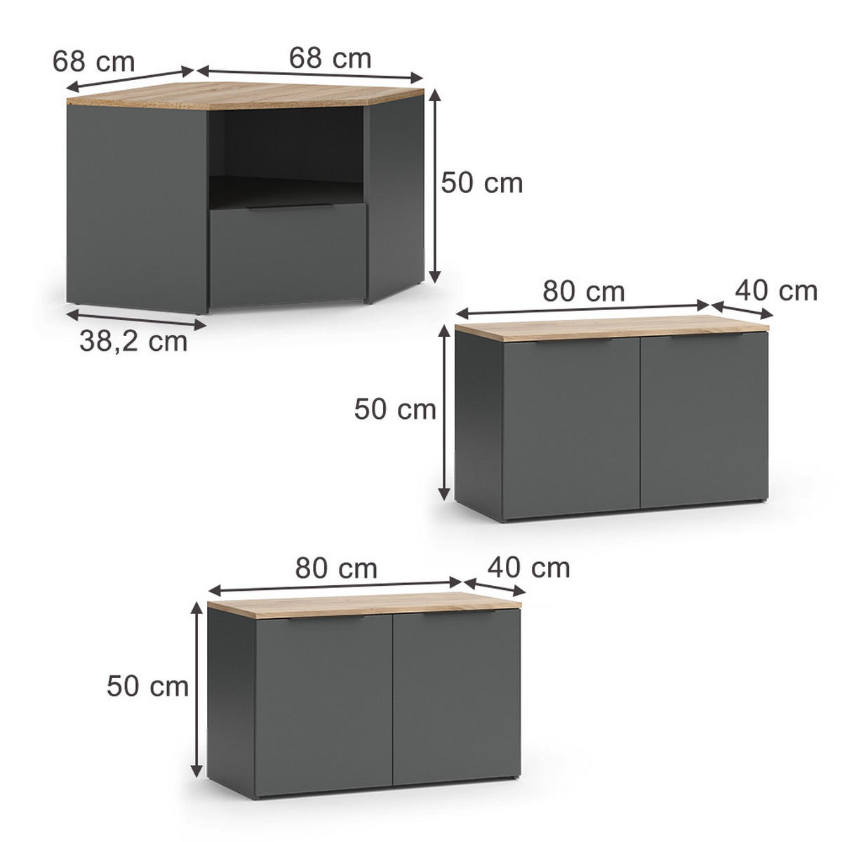 WOHNWAND Wido Anthrazit/Sonoma 3 Teile - Anthrazit/Sonoma Eiche, Holzwerkstoff (68/50/68cm) - Vicco