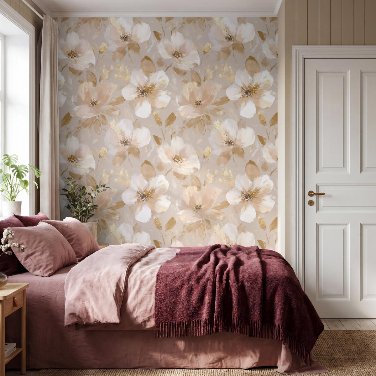TAPETE - Blumen - künstlerisch - Gold - 200x240 cm - Beige, Papier (200/240cm) - OnlyWow