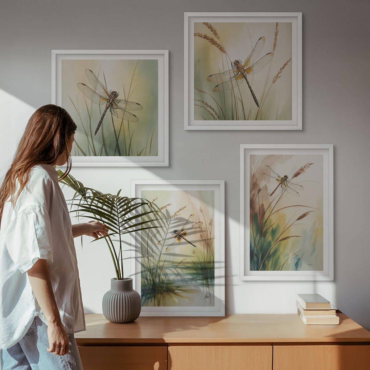 BILDER SET 4er Set - 50x50 cm & 40x60 cm Weißer Rahmen - Libellen im Gras, Wassermalerei - Weiß, Kunststoff (50/50cm) - TULUP
