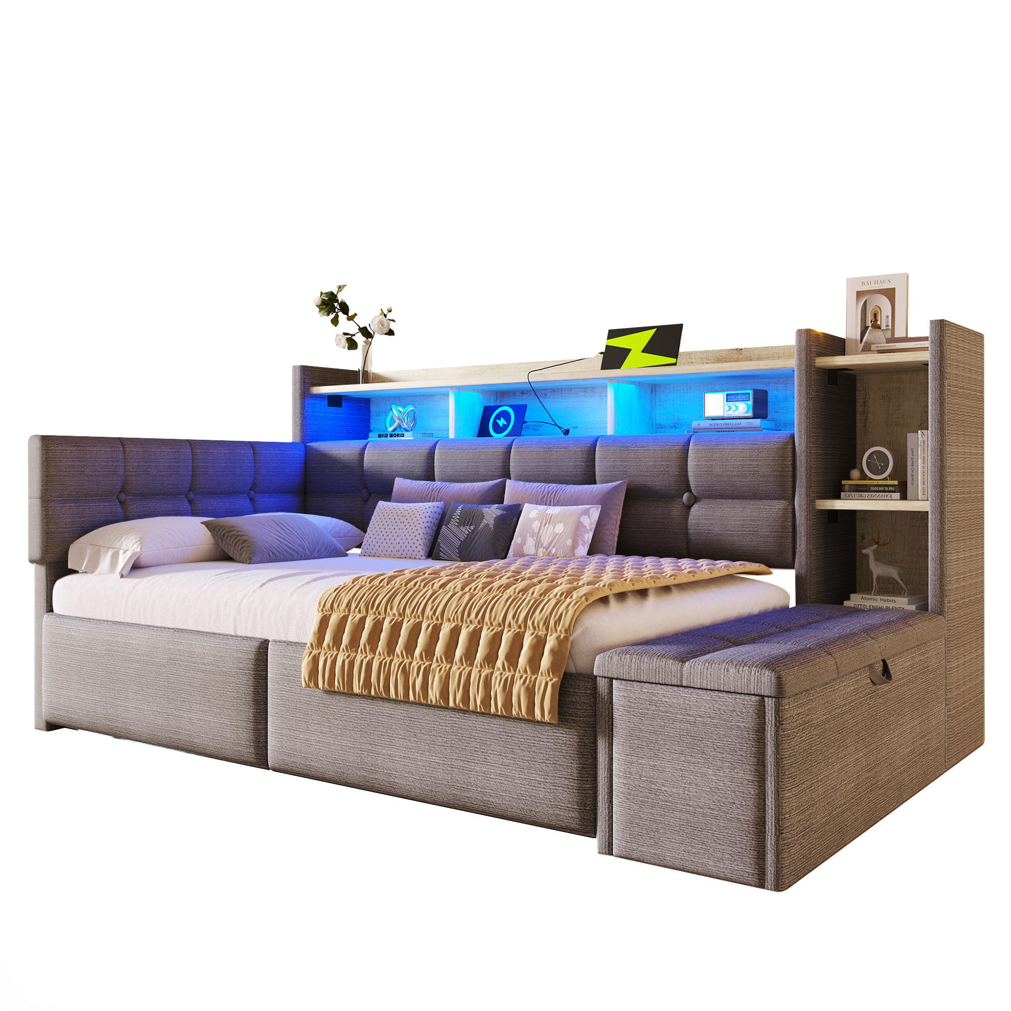 SCHLAFSOFA 90/190 cm in Dunkelgrau Samt mit 2 Schubladen, LED, USB und Type-C - Dunkelgrau, Holzwerkstoff/Textil (90/190cm) - WISHDOR
