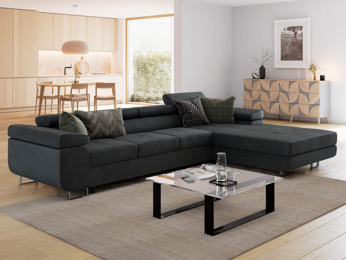 ECKSOFA VEMO CORE PLUS Rechts Schwarz Velours-Stoff mit Schlaffunktion und Bettkasten - Schwarz, Holz/Metall (335/205cm) - Barchello