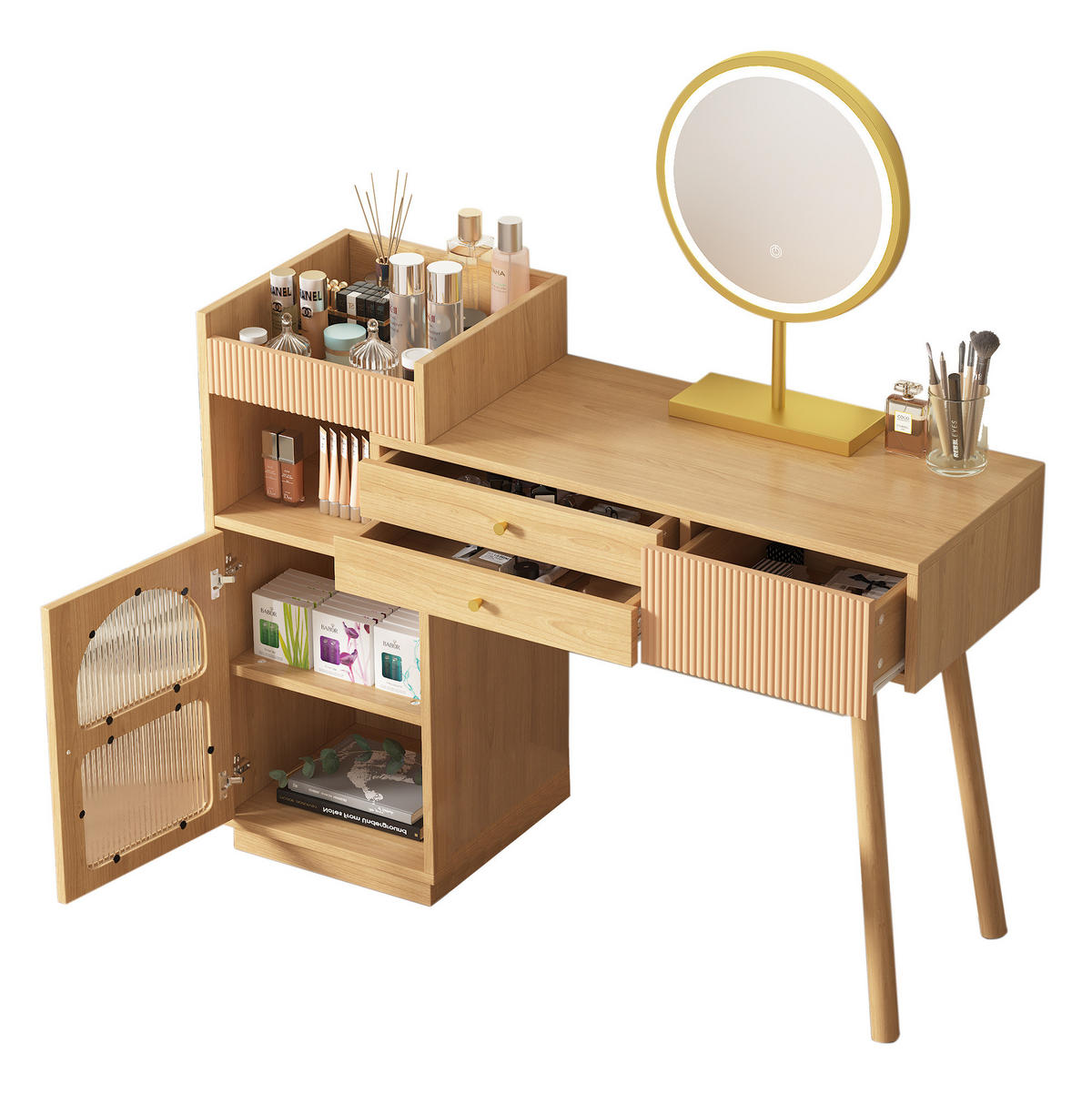 SCHMINKTISCH aus Spanplatte 120x40x90 cm Natur mit LED-Spiegel, 3 Farbmodi und Seitenschrank - Naturfarben, Holzwerkstoff (120/90/40cm) - Modfu