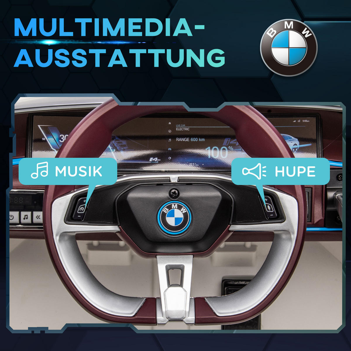 KINDER ELEKTROAUTO, Schwarz/Weiß, Kunststoff+ Eisen - Weiß, Metall (115/67/45cm) - HOMCOM