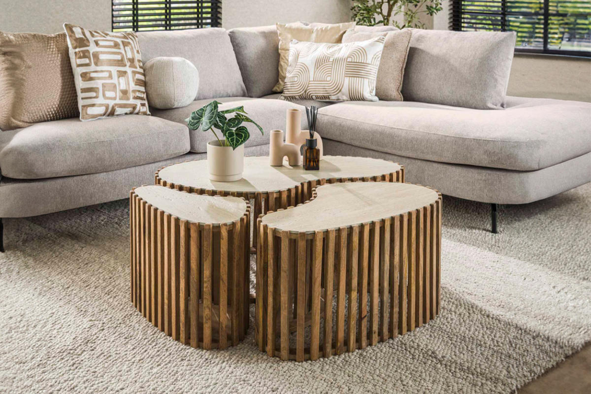 COUCHTISCH-SET LIMAY Weiß Keramik - Braun/Weiß, Mangoholz/Keramik (90/52/40cm) - KAWOLA