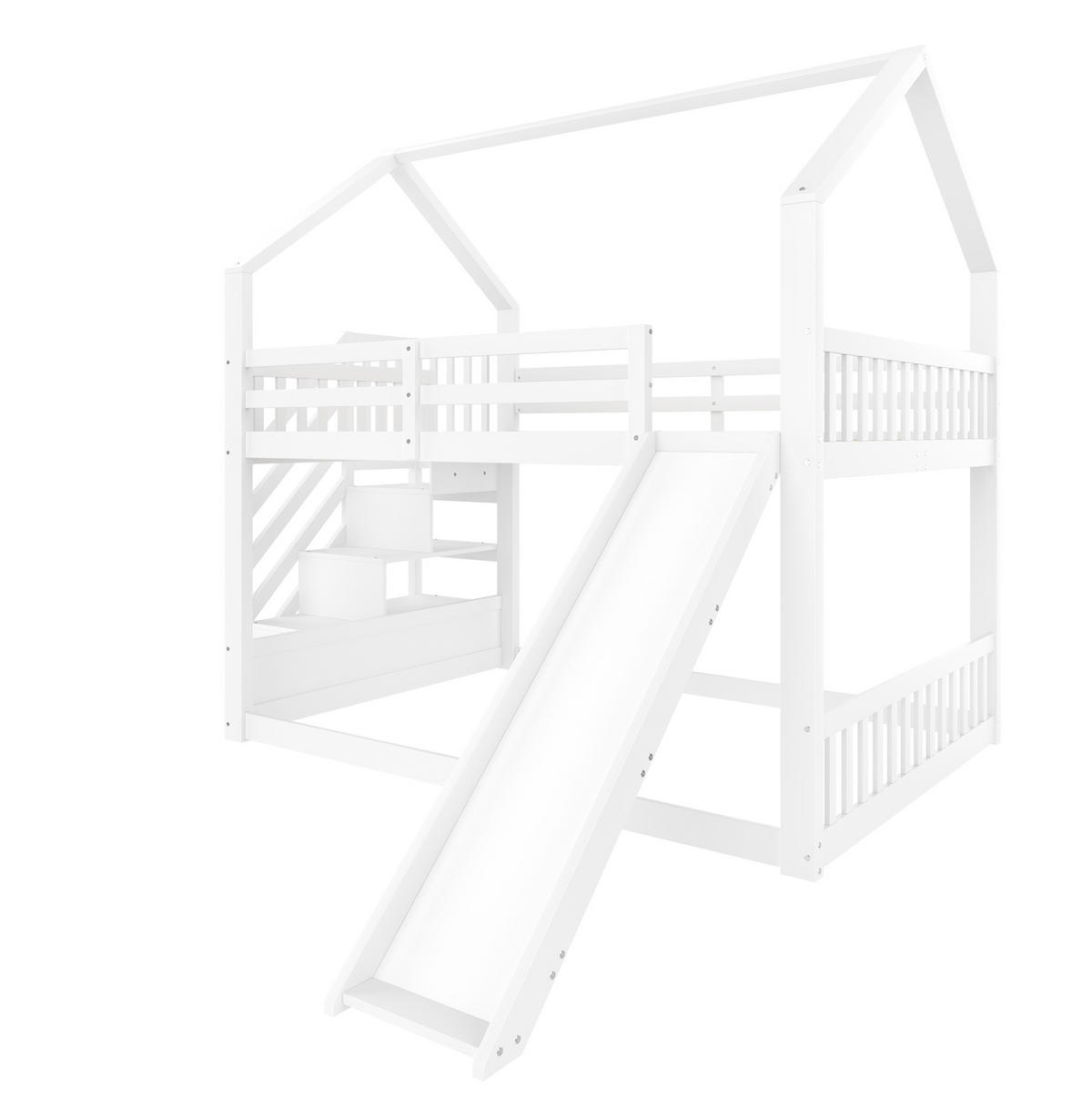ETAGENBETT 140/200 cm weiß mit Stauraumtreppe und Rutsche - Weiß, Holz (140/200cm) - OKWISH