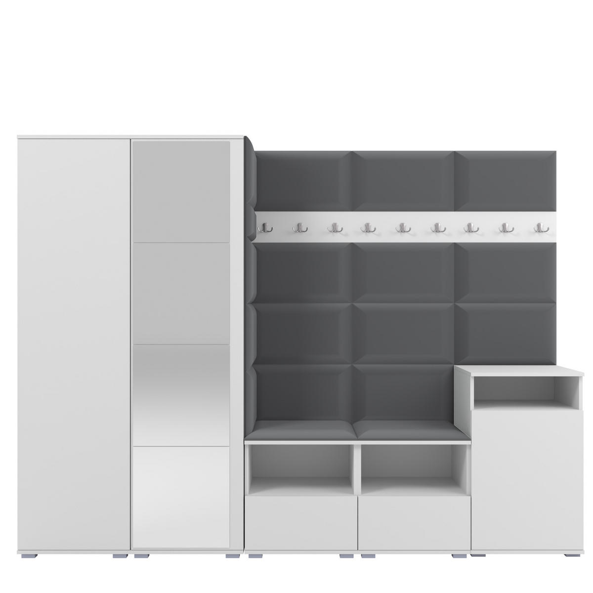 GARDEROBE NELA VIII 250 cm (Modulare Flurmöbel Weiß mit Spiegel & Sitzpolster Dunkelgrau 15 Set XL) - Dunkelgrau/Silberfarben, Holz/Holzwerkstoff (250/187/40cm) - Ravio