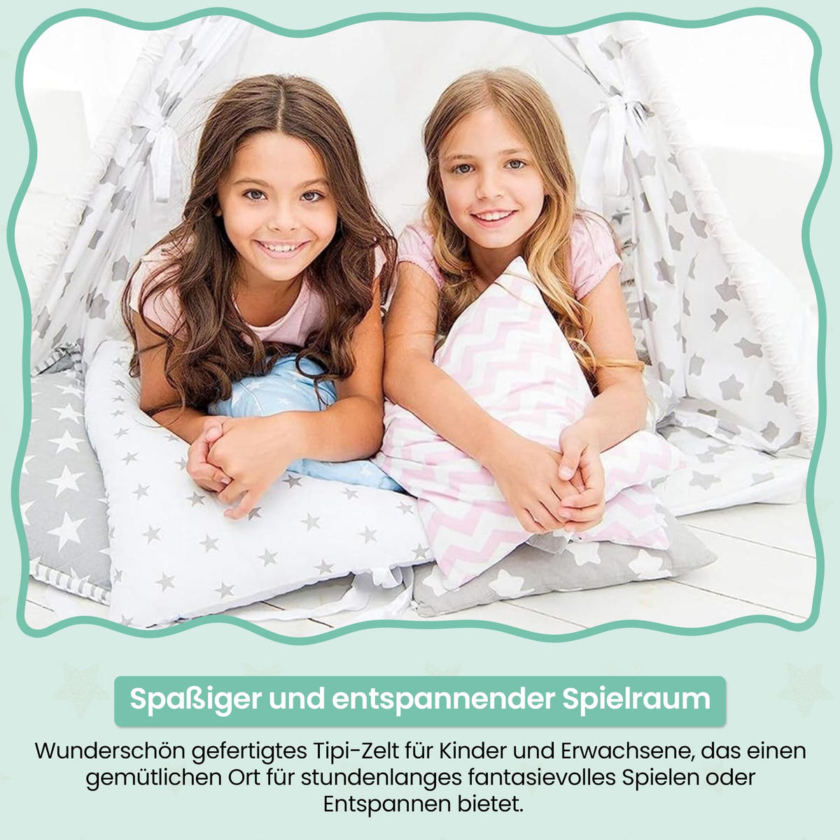 TIPI-ZELT 105 x 105 x 140 cm Zickzack grün mit weichen Kissen | Spielzelt für Kinderzimmer Indoor - Grün, Textil (105/105cm) - Best for Kids