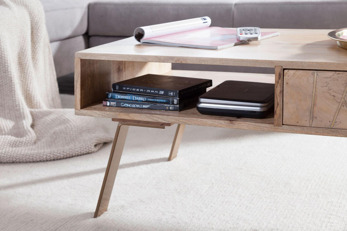 COUCHTISCH in Rustikalem Landhausstil, Massives Mangoholz und Metall, Maße 95x42x50 cm - Beige/Braun, Holz/Metall (50/95/42cm) - KADIMA DESIGN