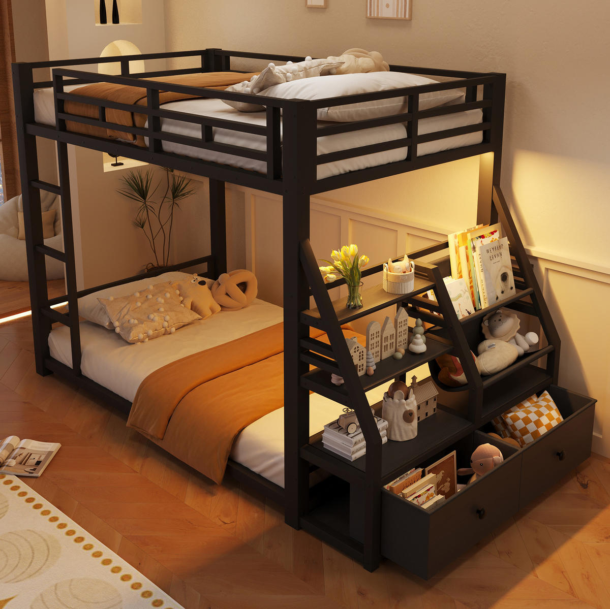 ETAGENBETT 90/200 cm aus Metall und Holz mit LED-Beleuchtung und 2 Stoffschubladen Schwarz - Schwarz, Holz (90/200cm) - Modenvie
