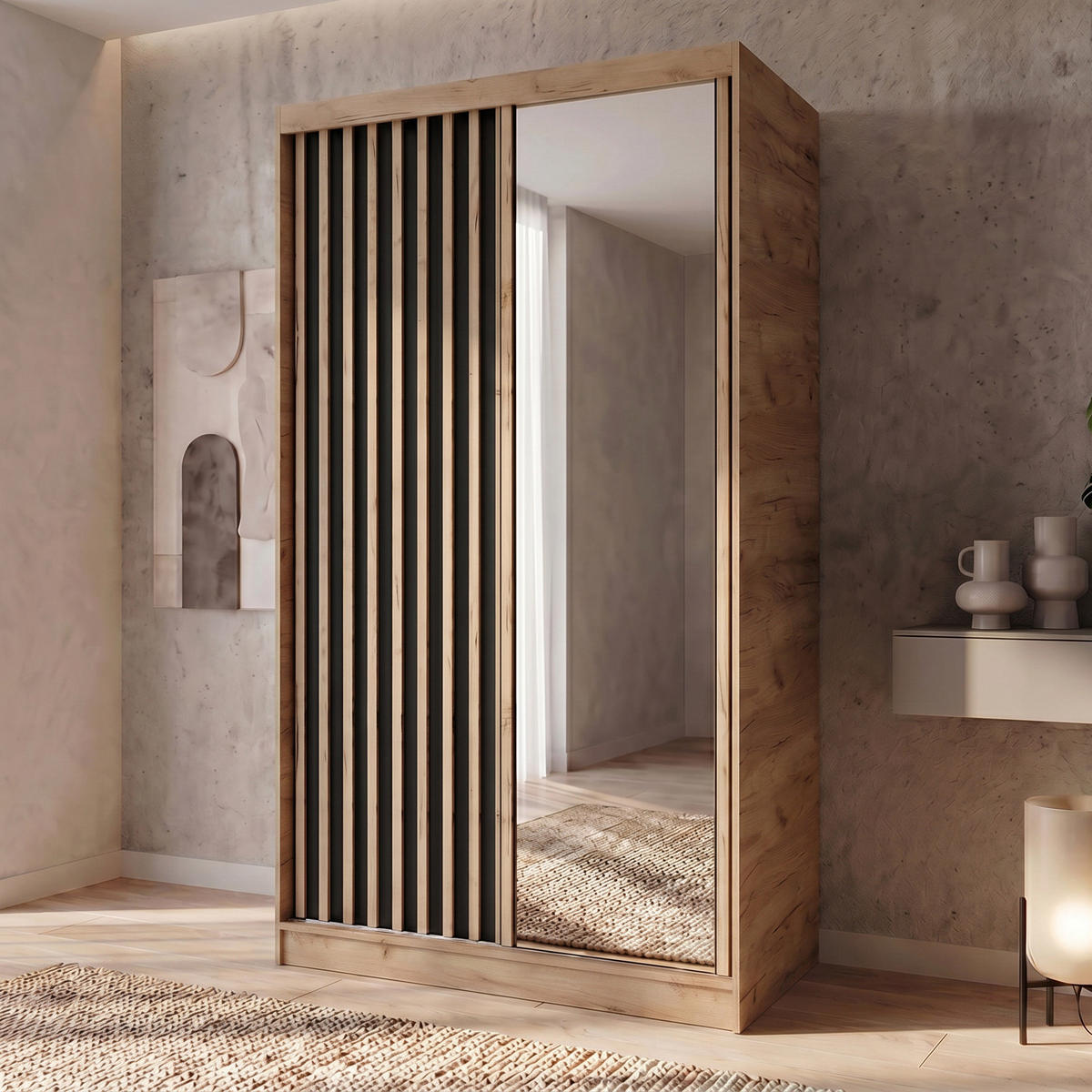 SCHWEBETÜRENSCHRANK Donatello 120/205/60 2-türig eiche Artisan/schwarz mit Spiegel - Schwarz/Eiche Artisan, Holzwerkstoff (120/205/60cm) - Beautysofa