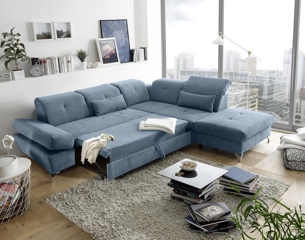 ECKSOFA mit Schlaffunktion und verstellbaren Kopflehnen - Chromfarben/Blau, Textil/Metall (245/275cm) - ed exciting design