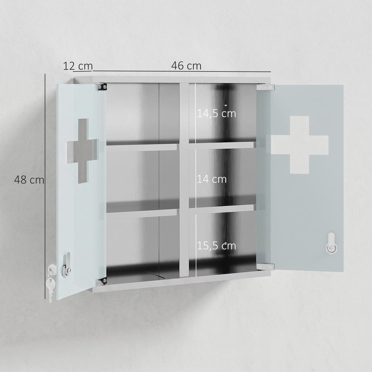 MEDIZINSCHRANK Edelstahl 430 gehärtetes Glas Silber - Silberfarben, Metall (46/48/12cm) - HOMCOM