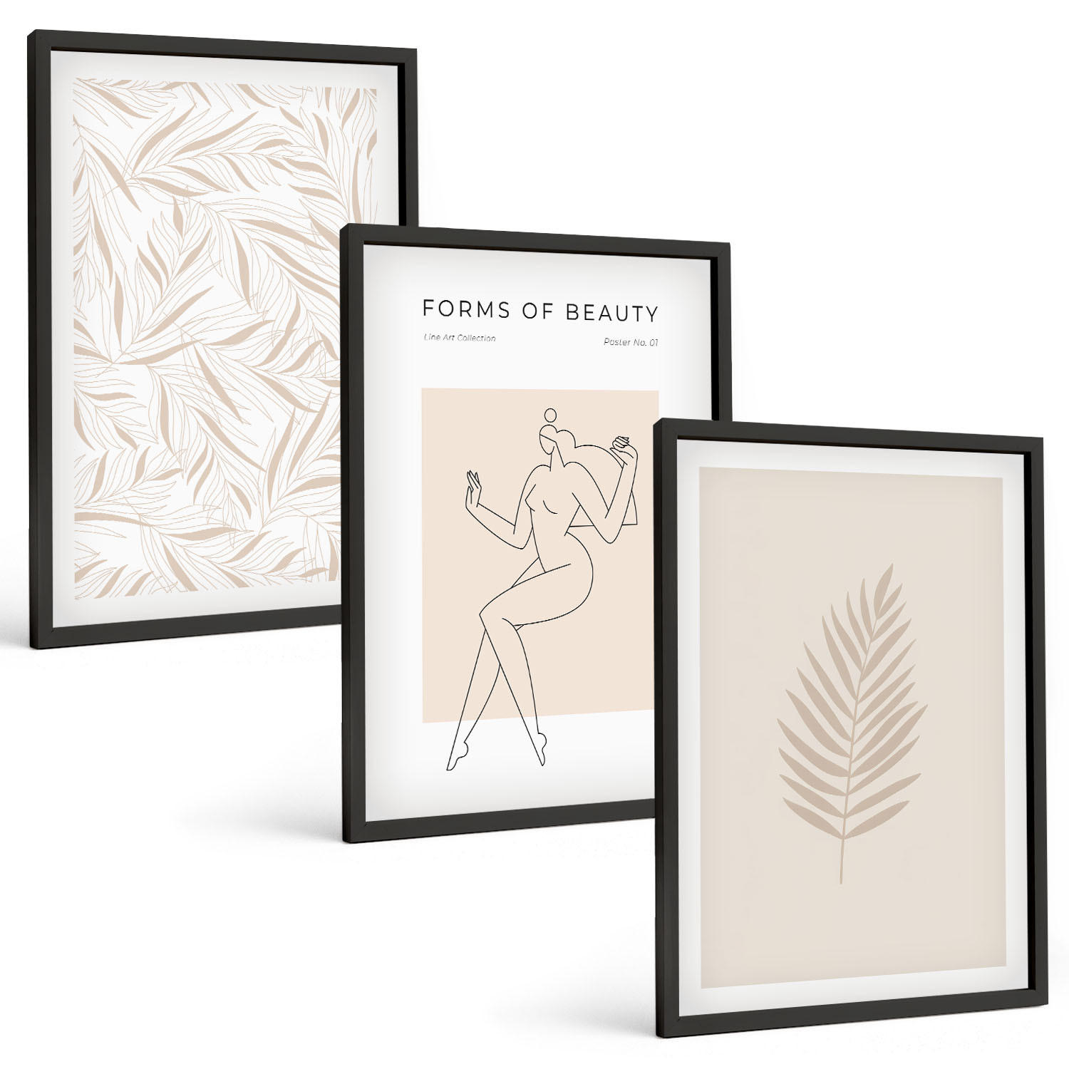 BILDER SET 3er Set - 40x60 cm Schwarzer Rahmen - Minimalistische botanische Motive - Schwarz, Kunststoff (40/60cm) - TULUP
