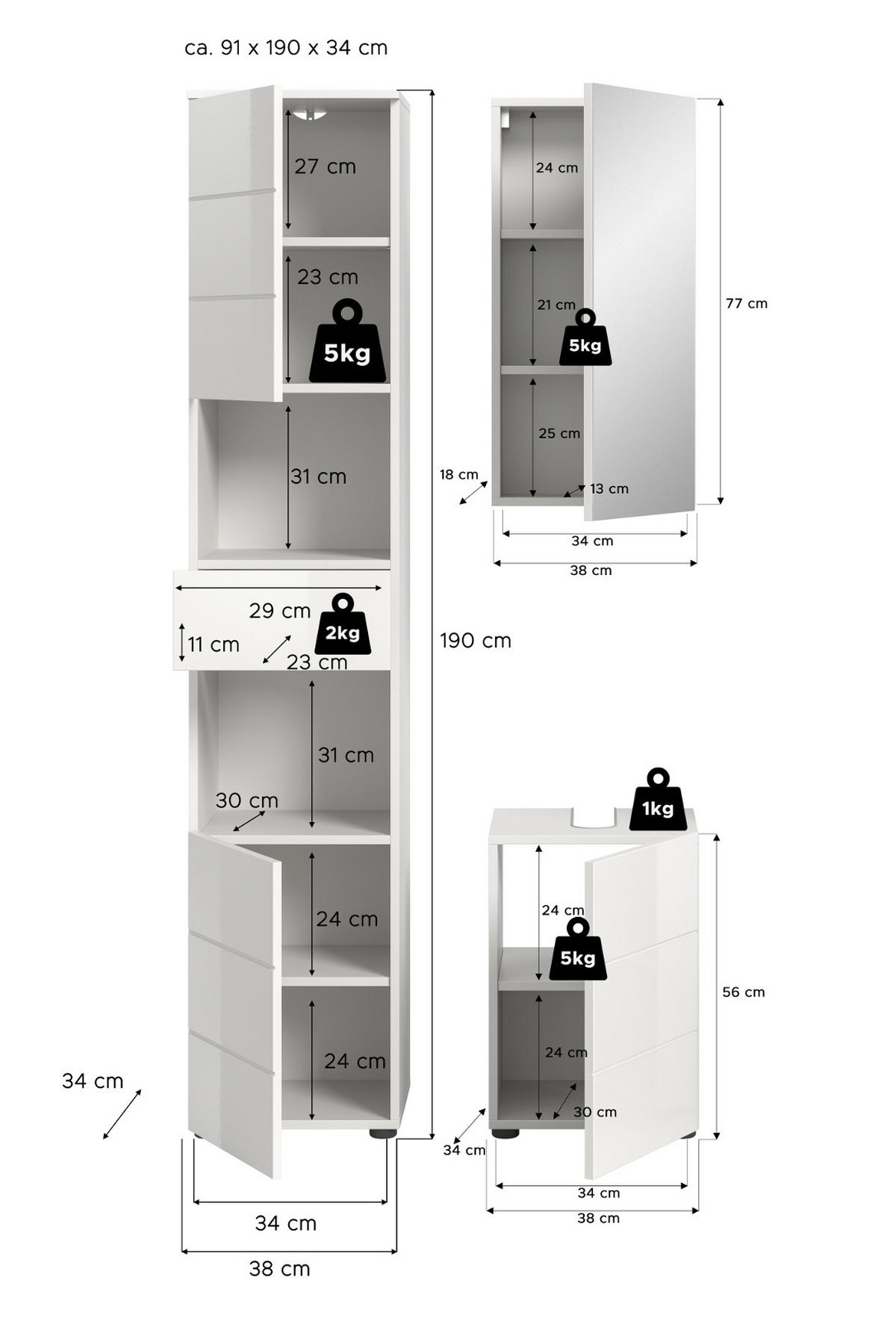 BADMÖBEL Set 3-teilig weiß Hochglanz 91 x 190 cm, Badkombination modern - Weiß Hochglanz/Schwarz, Holzwerkstoff/Kunststoff (91/190/34cm) - Inn.Furn