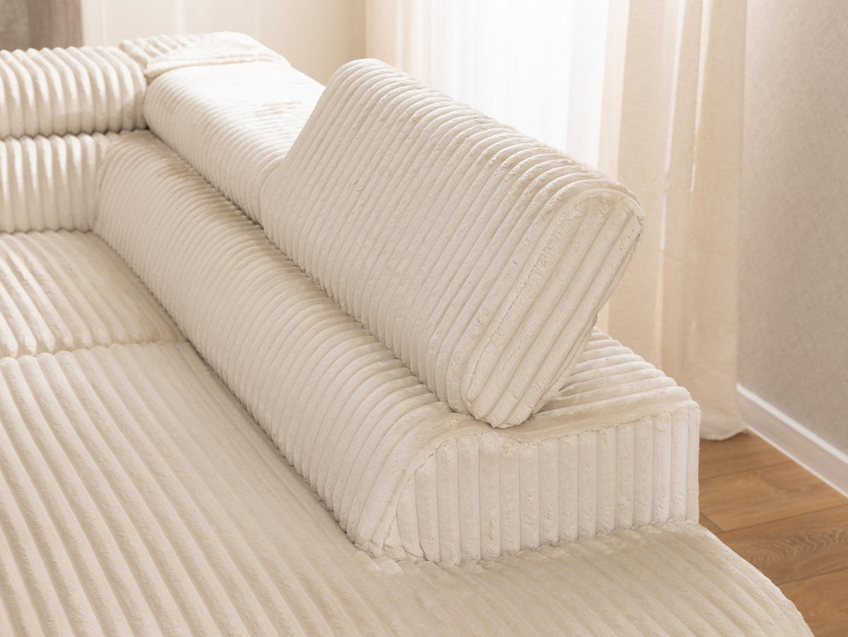 ECKSOFA mit Schlaffunktion und Bettkasten Bonnie aus Hellbeige Cord-Stoff mit verstellbaren Kopfstützen und Armlehne - Ottomane rechts - Beige/Schwarz, Holz/Textil (275/210cm) - S-Style Möbel