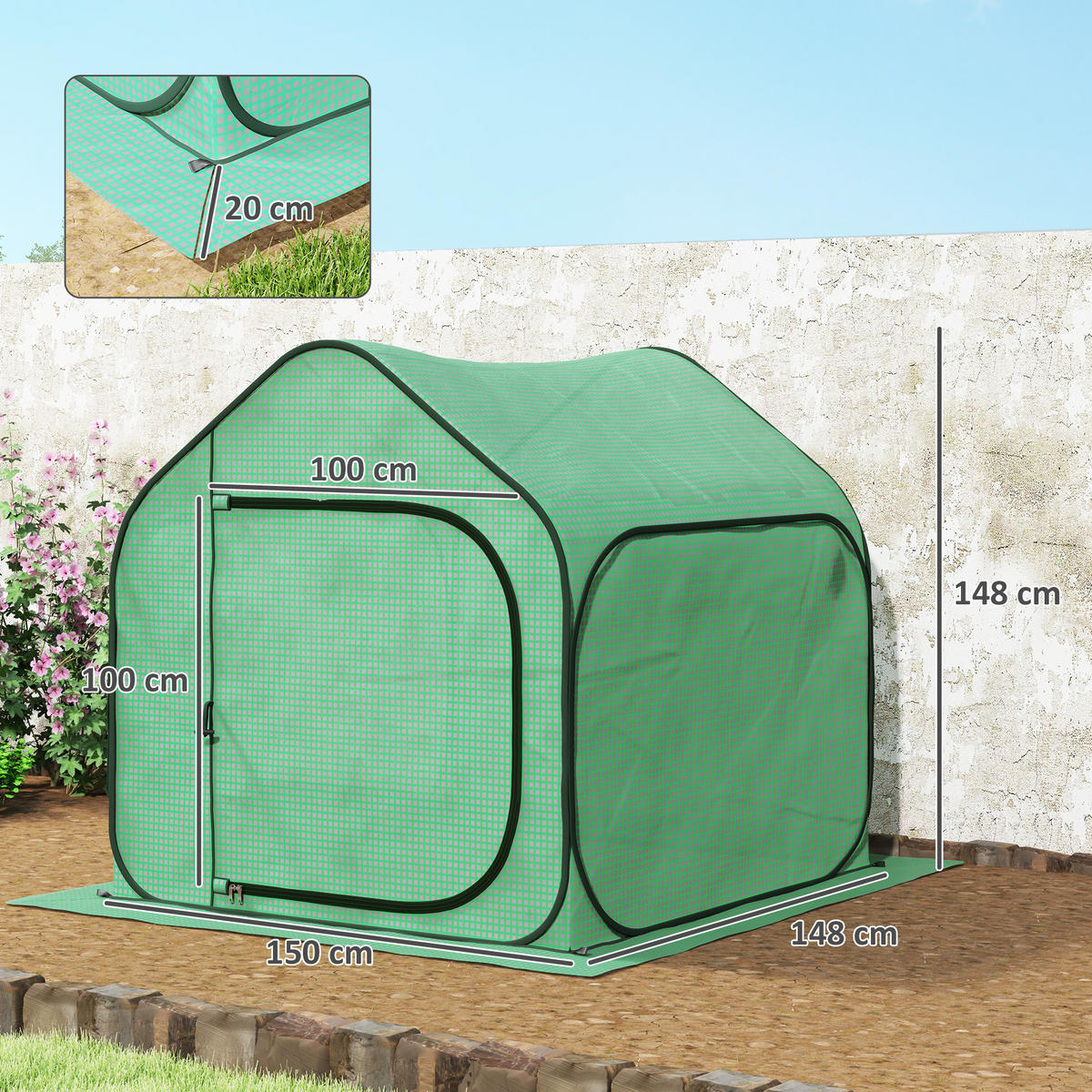 GEWÄCHSHAUS DE-12016 Pop-up-Design mit Reißverschlusstür Grün - Grün, Kunststoff (148/148/150cm) - ComfortXL