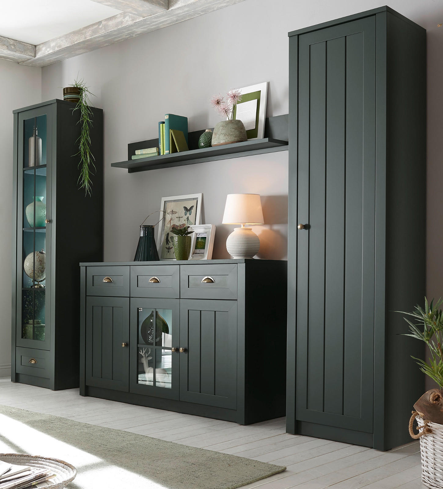 WOHNWAND grün Landhaus, Wohnkombination 4-teilig 270 x 198 cm - Chromfarben/Schwarz, Glas/Holzwerkstoff (270/198/43cm) - Furn.Design