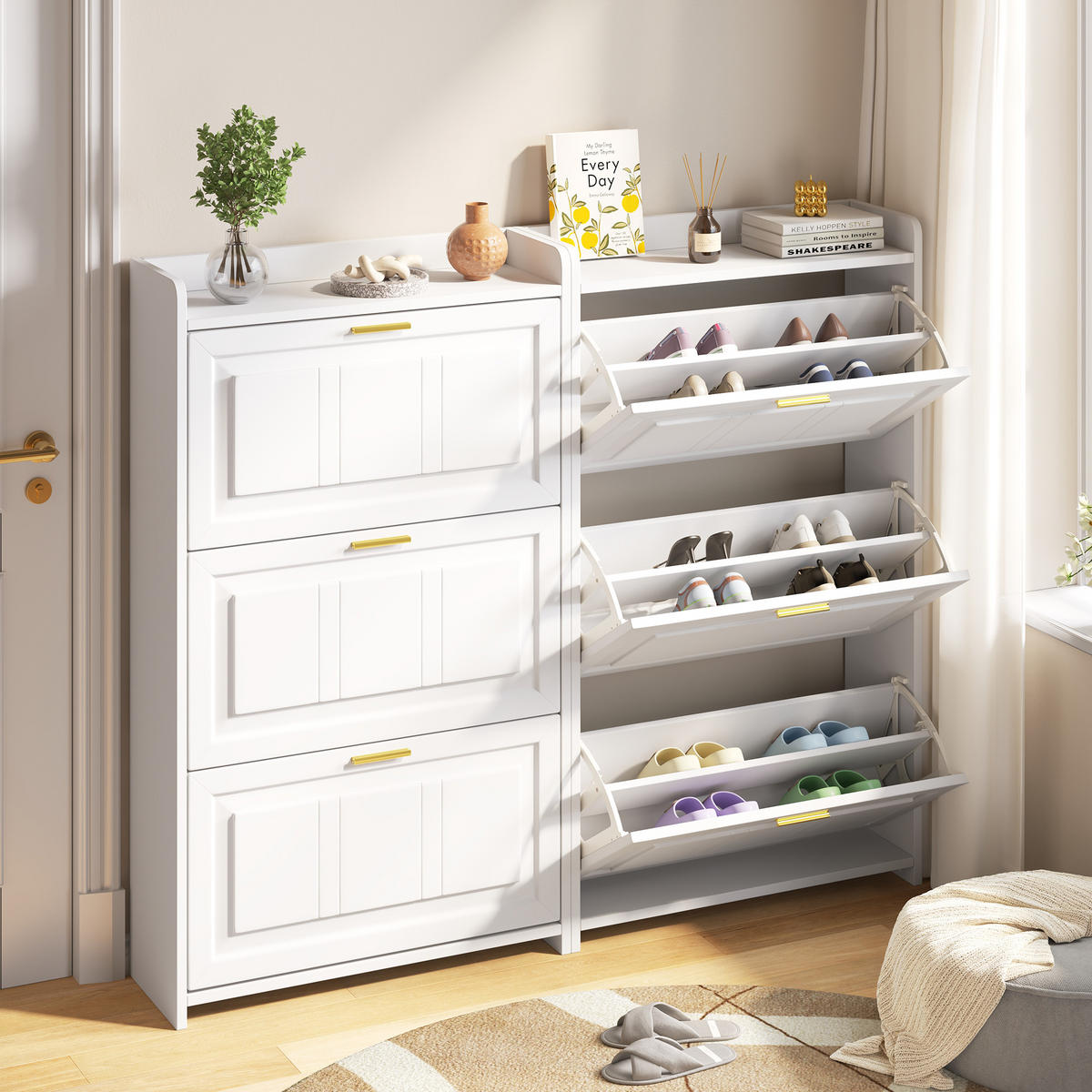 SCHUHSCHRANK in Weiß Schuhkommode mit 6 Fächern, platzsparende Schuhorganisation für Flur, Wohnzimmer, B70/T24/H120cm - Weiß, Holzwerkstoff (140/120/24cm) - STILVORA