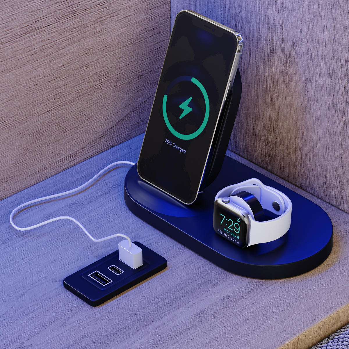 POLSTERBETT 90/200 cm in Natürlich mit 2 Schubladen, LED-Beleuchtung und USB-/Type-C-Ladeanschlüssen - Naturfarben, Metall (90/200cm) - Oxeza