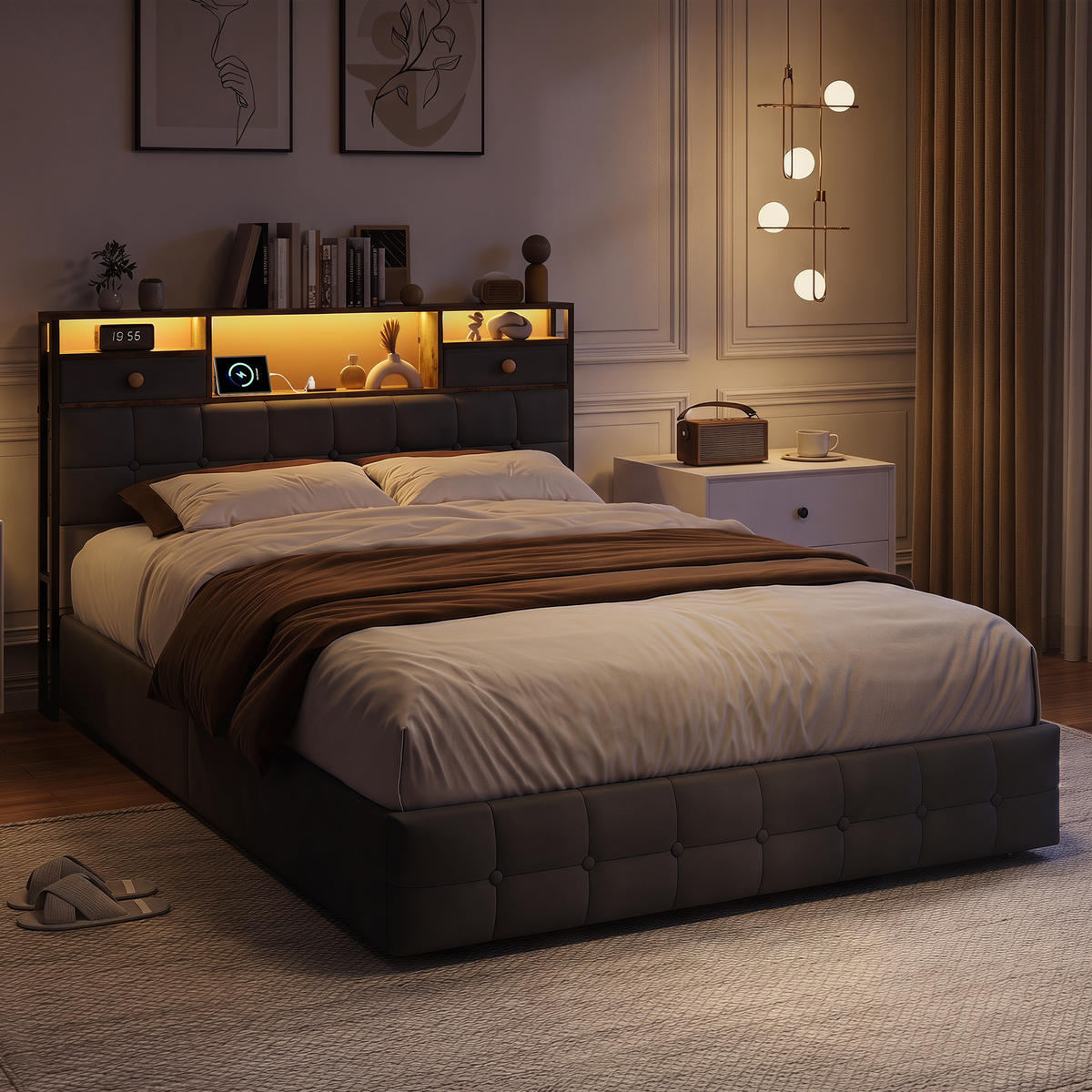 POLSTERBETT 140/200 cm mit Stauraum-Bettkasten, Holz-Ablagekopfteil mit Schubladen, LED & USB, Velours-Bezug - Grau, Holz/Metall (140/200cm) - Joyfair